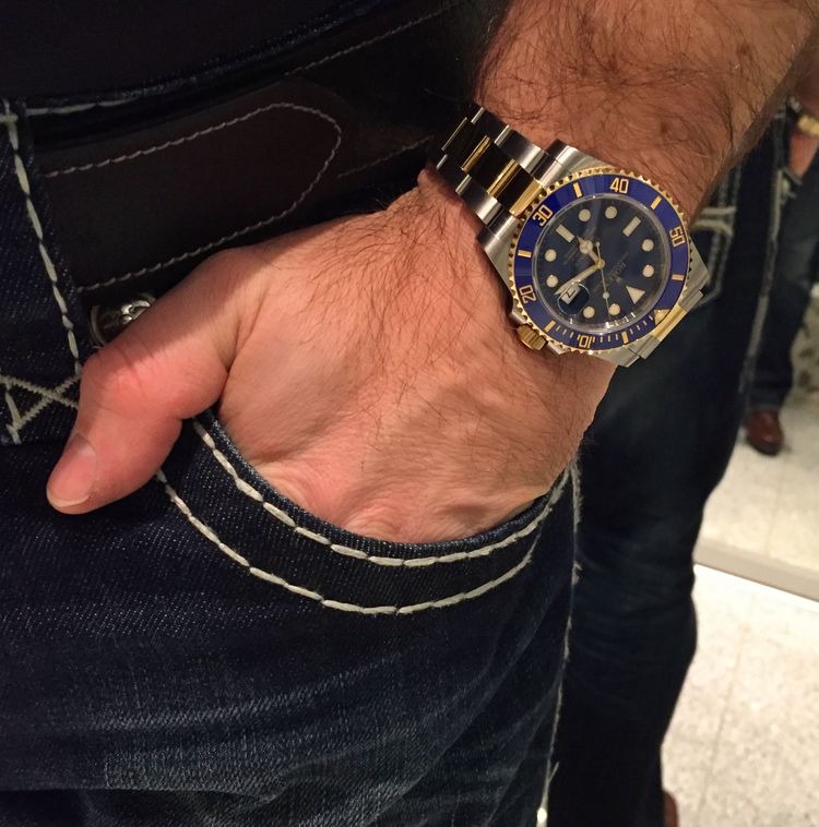 116613lb sunburst Rolex Submariner Two Tone blue Wristshot